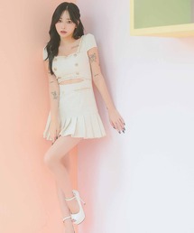 Tika（ティカ）の「キャバドレス ミニ フレア 半袖 ツイード フリンジ縁取りゴールドボタンデザインウエストカットプリーツドレス キャバワンピ（ドレス）」