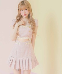 Tika（ティカ）の「キャバドレス ミニ フレア 半袖 ツイード フリンジ縁取りゴールドボタンデザインウエストカットプリーツドレス ワンピース キャバワンピ（ワンピース）」