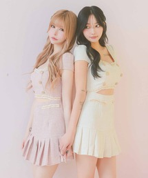 Tika（ティカ）の「キャバドレス ミニ フレア 半袖 ツイード フリンジ縁取りゴールドボタンデザインウエストカットプリーツドレス ワンピース キャバワンピ（ワンピース）」