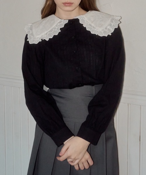 Birthday room（バースデイルーム）の「ビッグカラーフリルブラウス/big collar frill blouse（シャツ/ブラウス・レディース・ブラック/ホワイト・FREE）」の9枚目の写真