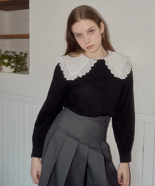 Birthday room（バースデイルーム）の「ビッグカラーフリルブラウス/big collar frill blouse（シャツ/ブラウス・レディース・ブラック/ホワイト・FREE）」の10枚目の写真