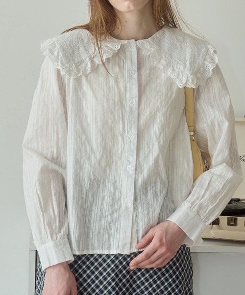 Birthday room（バースデイルーム）の「ビッグカラーフリルブラウス/big collar frill blouse（シャツ/ブラウス・レディース・ブラック/ホワイト・FREE）」の4枚目の写真