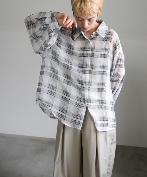 select MOCA（セレクトモカ）の「チェックシアーシャツ（シャツ/ブラウス・レディース・オフホワイト/ブラック・FREE）」の9枚目の写真