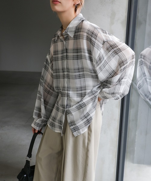select MOCA（セレクトモカ）の「チェックシアーシャツ（シャツ/ブラウス・レディース・オフホワイト/ブラック・FREE）」の6枚目の写真