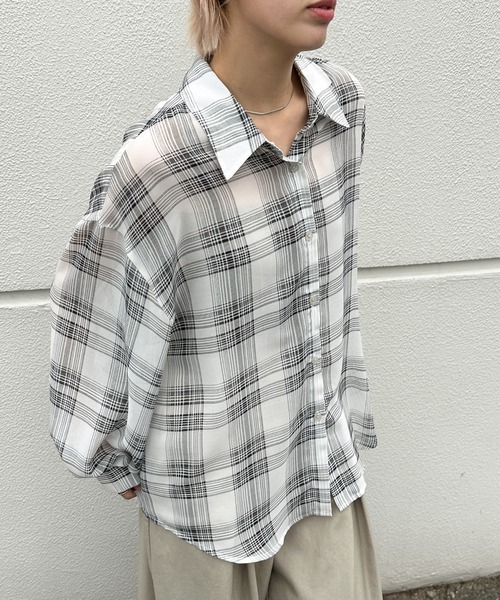 select MOCA（セレクトモカ）の「チェックシアーシャツ（シャツ/ブラウス・レディース・オフホワイト/ブラック・FREE）」の14枚目の写真
