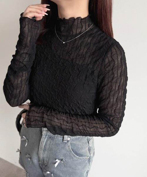 apres jour（アプレジュール）の「ウェーブシアータートルインナー（Tシャツ/カットソー・レディース・アイボリー/ブラック/ピンク・フリー/X-LARGE）」の2枚目の写真