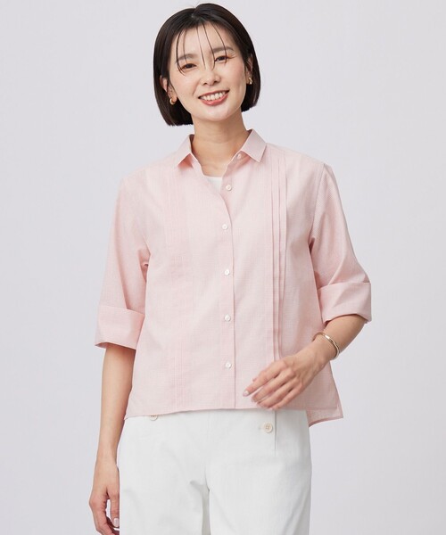 J.PRESS(ジェイプレス)の「【洗える】リネンminiチェック フロントピンタック シャツ(シャツ/ブラウス・レディース・ライトグリーン系3/ネイビー系3/ピンク系3・T13/T15)」の3枚目の写真