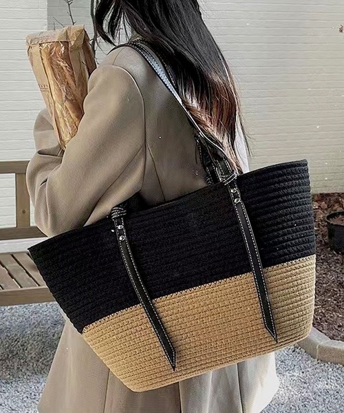 florist(フローリスト)の「【A4収納可】レザーライクハンドルナチュラルトートバッグ(かごバッグ・レディース・ホワイト系2/ベージュ系1/ベージュ系2/ブラック系3/ホワイト系1・FREE)」の4枚目の写真