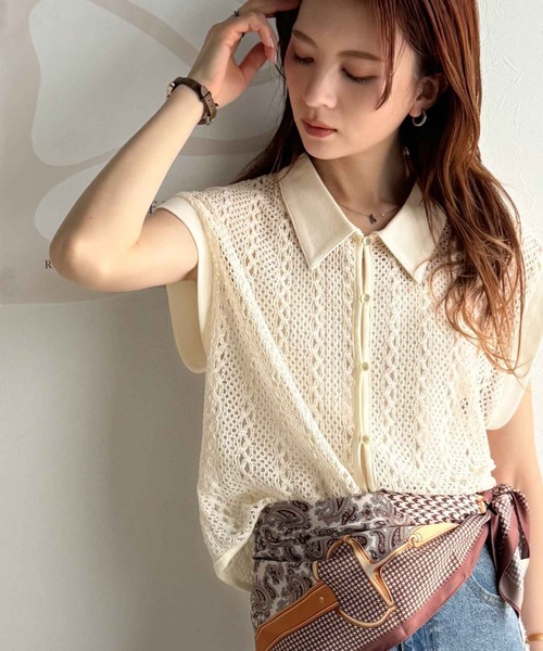 品の良さ漂う、大人カジュアル。クロシェ風レース素材衿付きフレンチスリーブシャツブラウス