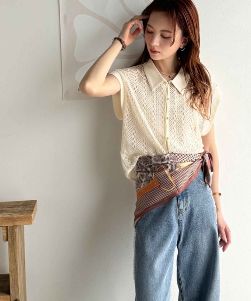品の良さ漂う、大人カジュアル。クロシェ風レース素材衿付きフレンチスリーブシャツブラウス