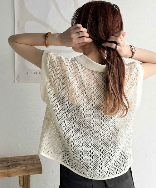 品の良さ漂う、大人カジュアル。クロシェ風レース素材衿付きフレンチスリーブシャツブラウス