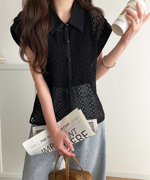 classicalelf(クラシカルエルフ)の「品の良さ漂う、大人カジュアル。クロシェ風レース素材衿付きフレンチスリーブシャツブラウス(シャツ/ブラウス・レディース・グリーン/アイボリー/ブラック・X-LARGE/SMALL/MEDIUM/LARGE)」の16枚目の写真