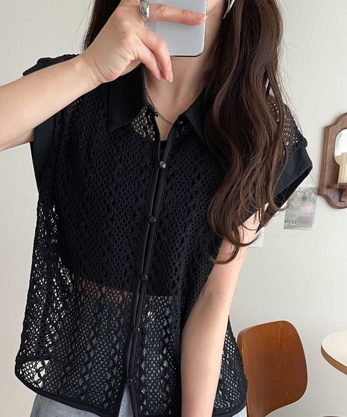 classicalelf(クラシカルエルフ)の「品の良さ漂う、大人カジュアル。クロシェ風レース素材衿付きフレンチスリーブシャツブラウス(シャツ/ブラウス・レディース・グリーン/アイボリー/ブラック・X-LARGE/SMALL/MEDIUM/LARGE)」の14枚目の写真