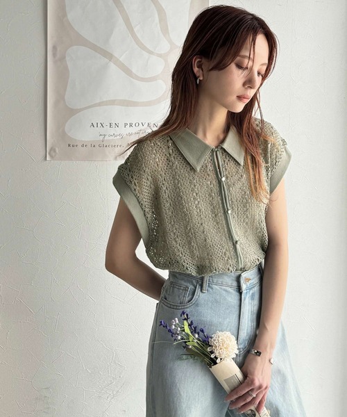 セール】品の良さ漂う、大人カジュアル。クロシェ風レース素材衿付き