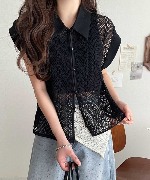 classicalelf(クラシカルエルフ)の「品の良さ漂う、大人カジュアル。クロシェ風レース素材衿付きフレンチスリーブシャツブラウス(シャツ/ブラウス・レディース・グリーン/アイボリー/ブラック・X-LARGE/SMALL/MEDIUM/LARGE)」の13枚目の写真