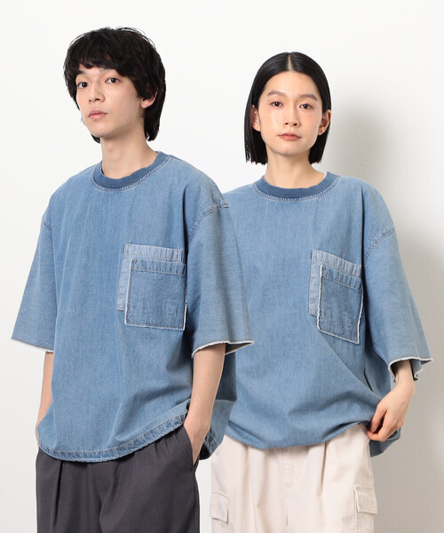 Purple&Yellow(パープルアンドイエロー)の「ライトオンスデニムダブルポケットプルオーバー(Tシャツ/カットソー・メンズ・ケミカルウォッシュ/ブラック・SMALL/MEDIUM/LARGE)」の2枚目の写真