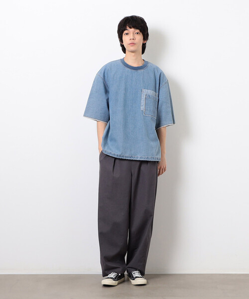 Purple&Yellow(パープルアンドイエロー)の「ライトオンスデニムダブルポケットプルオーバー(Tシャツ/カットソー・メンズ・ケミカルウォッシュ/ブラック・SMALL/MEDIUM/LARGE)」の3枚目の写真