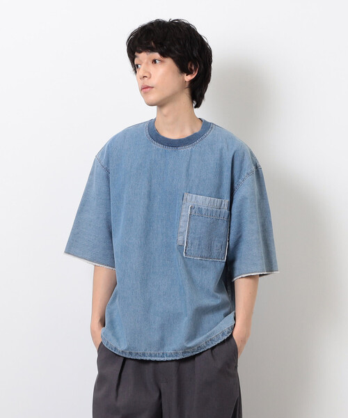 Purple&Yellow(パープルアンドイエロー)の「ライトオンスデニムダブルポケットプルオーバー(Tシャツ/カットソー・メンズ・ケミカルウォッシュ/ブラック・SMALL/MEDIUM/LARGE)」の6枚目の写真