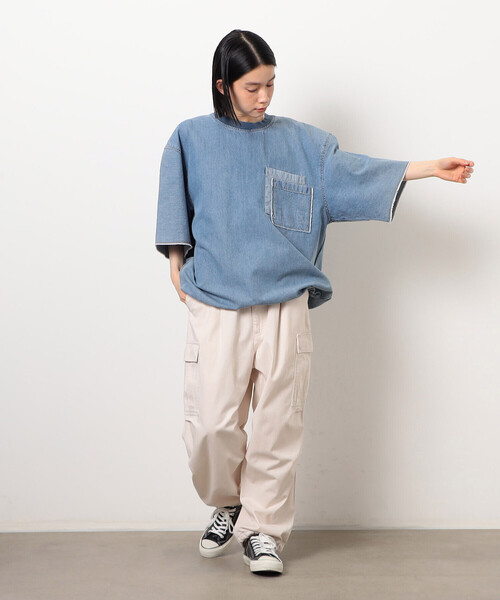 Purple&Yellow(パープルアンドイエロー)の「ライトオンスデニムダブルポケットプルオーバー(Tシャツ/カットソー・メンズ・ケミカルウォッシュ/ブラック・SMALL/MEDIUM/LARGE)」の9枚目の写真