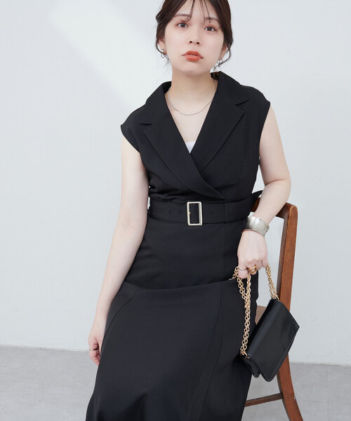 natural couture(ナチュラルクチュール)の「テーラードカラーノースリワンピース(ワンピース・レディース・ライトベージュ/サックスブルー/ブラック/オレンジ・FREE)」の6枚目の写真