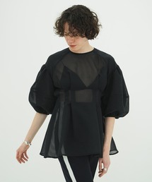 SHEER PLAID VOLUME SLEEVE TOPS