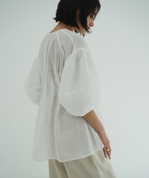 トップス CLANE SHEER PLAID VOLUME SLEEVE TOPS セール】SHEER PLAID VOLUME SLEEVE TOPS（シャツ/ブラウス
