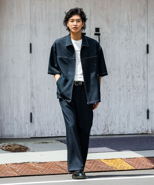 セール】【セットアップ対応】配色ステッチ/ワイドイージーテーパード