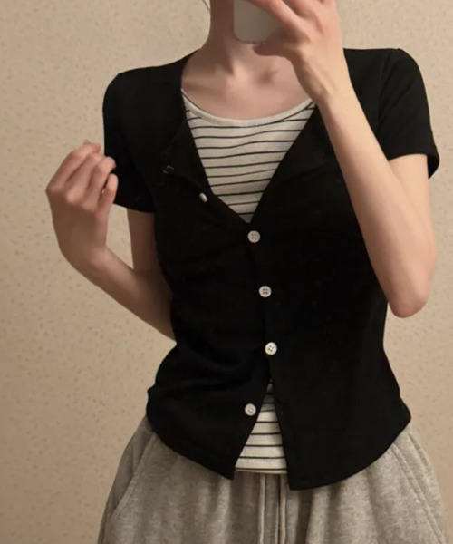 VIVID LADY(ビビッドレディー)の「レイヤード風カーディガン Tシャツ 半袖(Tシャツ/カットソー・レディース・チャコールグレー/ブラック/ネイビー・FREE)」の7枚目の写真