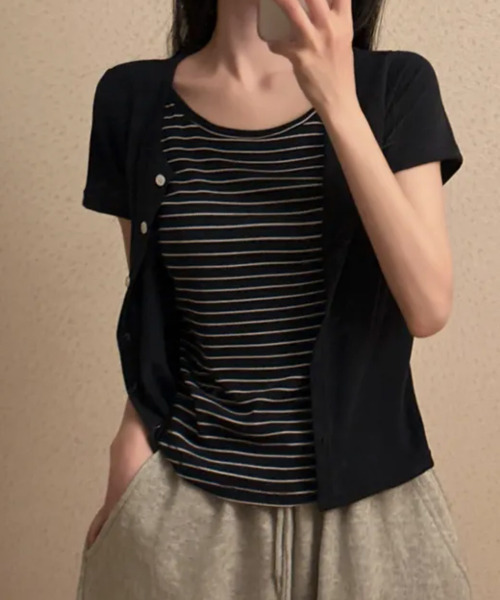 VIVID LADY(ビビッドレディー)の「レイヤード風カーディガン Tシャツ 半袖(Tシャツ/カットソー・レディース・チャコールグレー/ブラック/ネイビー・FREE)」の12枚目の写真