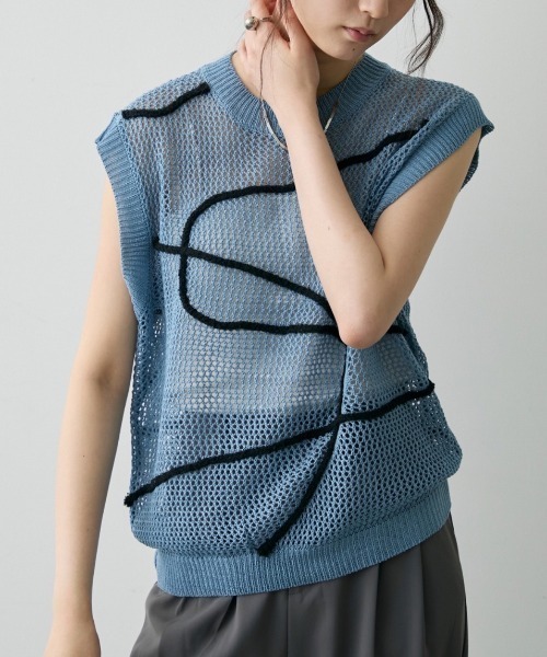 セール】ニュアンス刺繍シアーメッシュニット（ニット/セーター