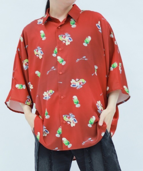 【boohoo】リネンパームプリント半袖シャツ＆ショーツセット セール】プリンアラモード柄半袖シャツ（シャツ/ブラウス