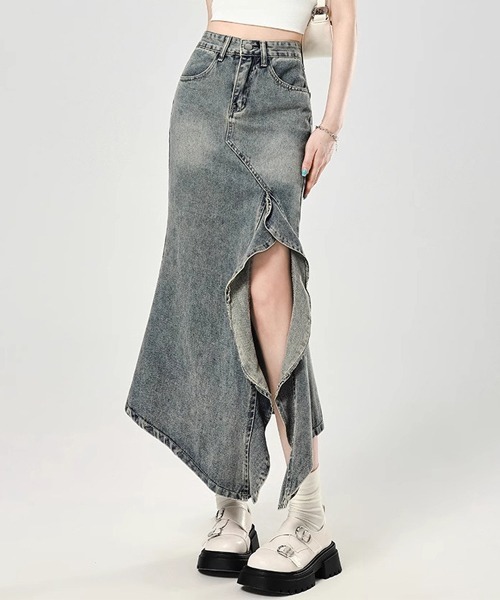 Dream garden(ドリームガーデン)の「フリルスリットロングデニムスカート(デニムスカート・レディース・ブルー・M/3XL/S/XS/2XL/XL/L)」の16枚目の写真