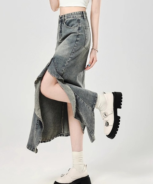 Dream garden(ドリームガーデン)の「フリルスリットロングデニムスカート(デニムスカート・レディース・ブルー・M/3XL/S/XS/2XL/XL/L)」の10枚目の写真