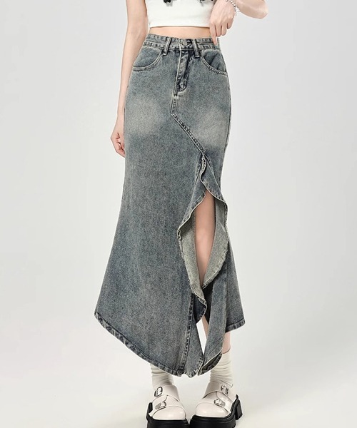Dream garden(ドリームガーデン)の「フリルスリットロングデニムスカート(デニムスカート・レディース・ブルー・M/3XL/S/XS/2XL/XL/L)」の5枚目の写真