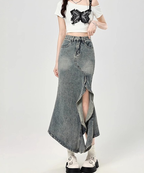 Dream garden(ドリームガーデン)の「フリルスリットロングデニムスカート(デニムスカート・レディース・ブルー・M/3XL/S/XS/2XL/XL/L)」の4枚目の写真