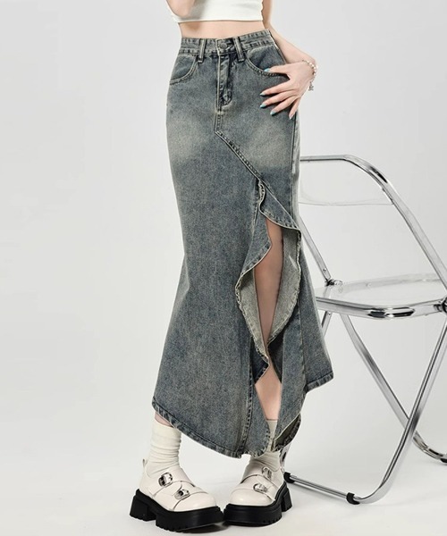 Dream garden(ドリームガーデン)の「フリルスリットロングデニムスカート(デニムスカート・レディース・ブルー・M/3XL/S/XS/2XL/XL/L)」の13枚目の写真