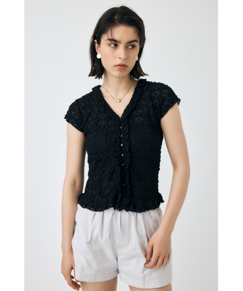 MOUSSY(マウジー)の「RUFFLE LACE ノースリーブトップス(シャツ/ブラウス・レディース・ブラック/オフホワイト/ライトカーキ・FREE)」の4枚目の写真