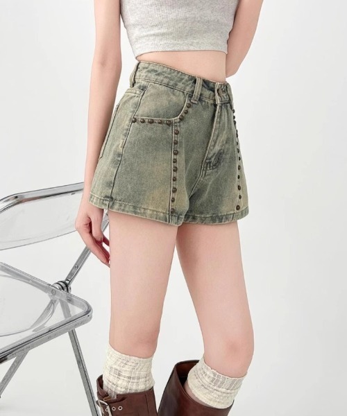 セール】【25年秋冬新作】スタッズデザイン ウォッシュ加工 デニム
