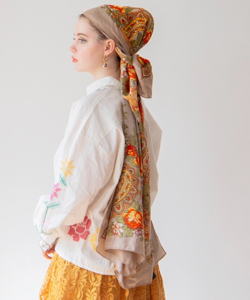 チャイハネ（チャイハネ）の「【チャイハネ】フラワースカーフ（バンダナ/スカーフ・レディース・ワイン/ベージュ/ターコイズブルー・FREE）」の5枚目の写真