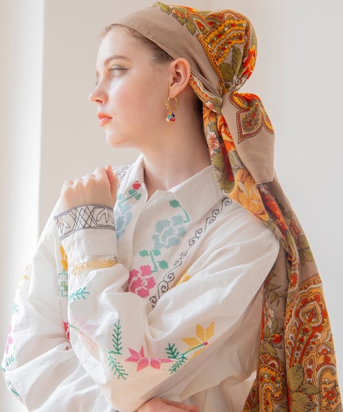 チャイハネ（チャイハネ）の「【チャイハネ】フラワースカーフ（バンダナ/スカーフ・レディース・ワイン/ベージュ/ターコイズブルー・FREE）」の6枚目の写真