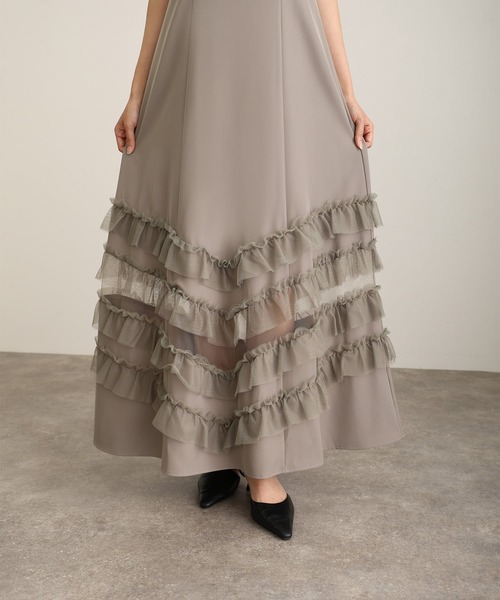 atlo(アトロ)の「ミモレ丈&袖あり フォーマル チュール フリル ジャケット Aライン 2点セット セレモニー 結婚式 二次会 パーティー ドレス オケージョンドレス お呼ばれ 同窓会 成人式 (ドレス・レディース・チャコール/グレイッシュベージュ/ブラック・M)」の11枚目の写真