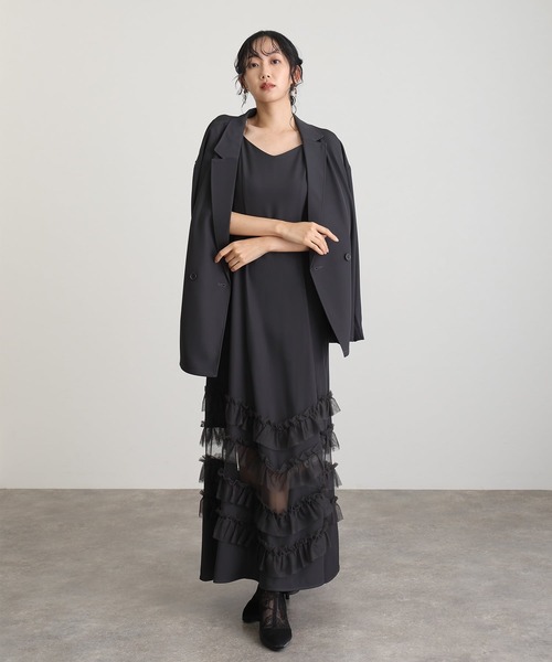 atlo(アトロ)の「ミモレ丈&袖あり フォーマル チュール フリル ジャケット Aライン 2点セット セレモニー 結婚式 二次会 パーティー ドレス オケージョンドレス お呼ばれ 同窓会 成人式 (ドレス・レディース・チャコール/グレイッシュベージュ/ブラック・M)」の12枚目の写真