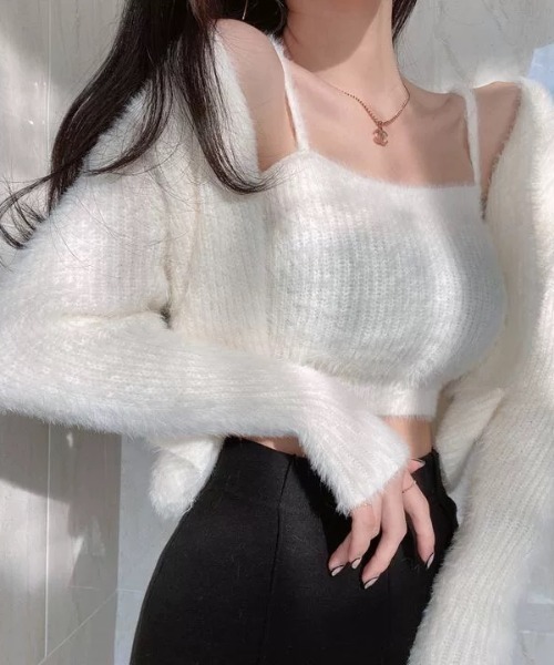 ampm（エーエムピーエム）の「シャギーニットキャミカーデセット（ニット/セーター・レディース・ホワイト/ブラック・S/L/M）」の3枚目の写真