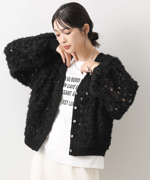 ブラック レースカーディガン 13-15 フラワーレースVネックカーディガン（カーディガン/ボレロ