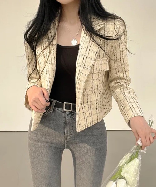 MILAE(ミレ)の「ツイードチェックテーラードジャケット(テーラードジャケット・レディース・オフホワイト/ブラック・FREE)」の1枚目の写真