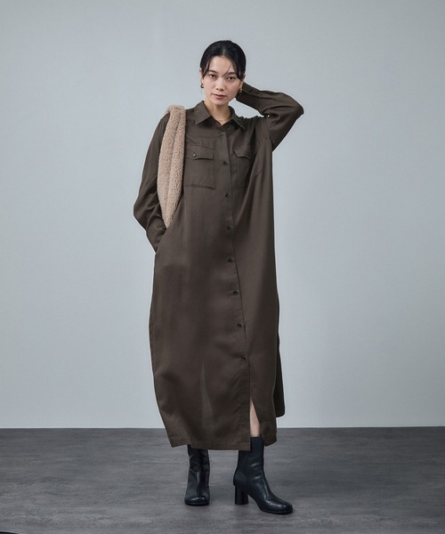 SALON adam et rope'(サロン アダム エ ロペ)の「セルロースウォッシャブルシャツワンピース(ワンピース・レディース・ベージュ系その他/チャコールグレー・FREE)」の20枚目の写真