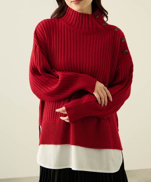 NAVY(ネイビー)の「nAvy 時短レイヤード風 ボタンハイネックニット(ニット/セーター・レディース・ブラック/グリーン/レッド/ブルー/ホワイト×ネイビー・FREE)」の6枚目の写真