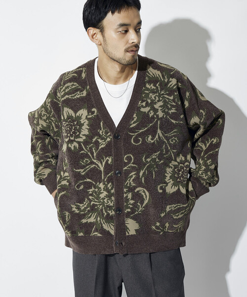フラワー総柄 モール糸 ニットカーディガン/リラックスフィット