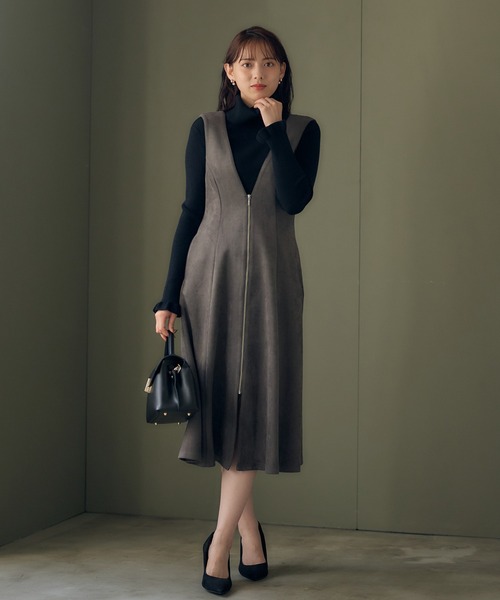 前後2wayフェイクスエードZIPフレアジャンスカ（ジャンパースカート