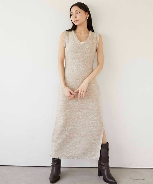 Luan(ルアン)の「【Luan】MARBLE KNIT TWEED OP/マーブルニットツイードワンピース(ワンピース・レディース・ブラック/ベージュ・0/1)」の2枚目の写真